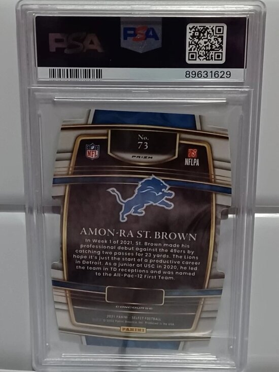2022 Select Phenomenon Zebra Prizm Amon-Ra St. Brown #PHE13  2021 SELECT AMON-RA ST. BROWN #73 DIE Cut ZEBRA Prizm PSA 8